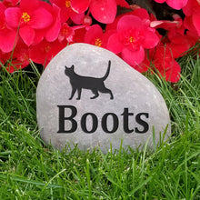 Load image into Gallery viewer, pet memorial stone for a cat.  Personalized with a cat image and name.  Natural river rock garden memorial or pet gravestone