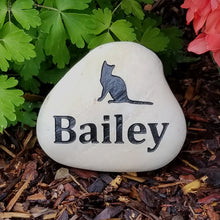 Load image into Gallery viewer, pet memorial stone.  Personalized with a cat image and name.  Natural river rock garden memorial or pet gravestone