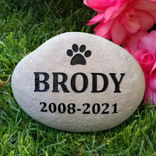 Load image into Gallery viewer, Custom pet memorial stone for pet sympathy gift.  Engraved with name, important dates and a paw print