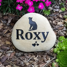 Load image into Gallery viewer, pet memorial stone.  Personalized with a cat image and name.  Natural river rock garden memorial or pet gravestone