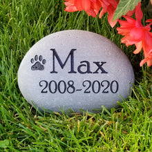 Load image into Gallery viewer, Custom river rock pet memorial stone for pet sympathy gift.  With name, dates and paw print