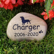 Load image into Gallery viewer, Natural pet memorial stone for the garden with dachshund, dates and hearts engraved into the stone

