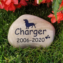 Load image into Gallery viewer, Natural pet memorial stone for the garden with dachshund, dates and hearts engraved into the stone