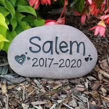 Load image into Gallery viewer, Pet memorial stone for cats, pet sympathy gift.  Custom cat memorial stone engraved with the name of the pet, dates, paw print and hearts