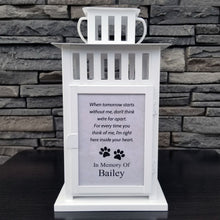 Load image into Gallery viewer, photo pet memorial lantern - pet sympathy gift - kimmer & co.  personalized white carriage lantern with photos of your pet and heartfelt poem.