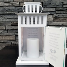 Load image into Gallery viewer, photo pet memorial lantern - pet sympathy gift - kimmer & co.  personalized white carriage lantern with photos of your pet and heartfelt poem.