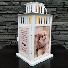 Load image into Gallery viewer, photo pet memorial lantern - pet sympathy gift - kimmer & co.  personalized white carriage lantern with photos of your pet and heartfelt poem.