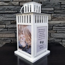 Load image into Gallery viewer, photo pet memorial lantern - pet sympathy gift - kimmer & co.  personalized white carriage lantern with photos of your pet and heartfelt poem.