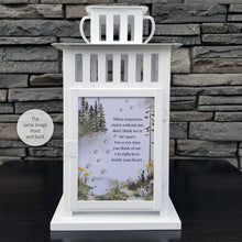 Load image into Gallery viewer, pet memorial lantern - pet sympathy gift - kimmer & co.  white carriage lantern with a beautiful watercolour mountain scene.  personalized with dog graphic and heartfelt poem