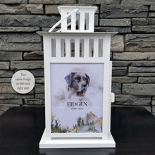 Load image into Gallery viewer, pet memorial lantern - pet sympathy gift - kimmer & co.  white carriage lantern with a beautiful watercolour mountain scene.  personalized with dog graphic and heartfelt poem