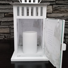 Load image into Gallery viewer, pet memorial lantern - pet sympathy gift - kimmer & co.  white carriage lantern with a beautiful watercolour mountain scene.  personalized with dog graphic and heartfelt poem