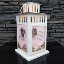Load image into Gallery viewer, pet memorial lantern - pet sympathy gift - kimmer & co.  white carriage lantern with a beautiful watercolour mountain scene.  personalized with dog graphic and heartfelt poem