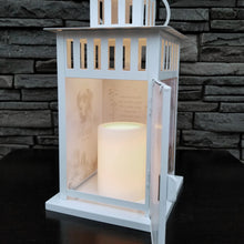 Load image into Gallery viewer, pet memorial lantern - pet sympathy gift - kimmer & co.  white carriage lantern with a beautiful watercolour mountain scene.  personalized with dog graphic and heartfelt poem