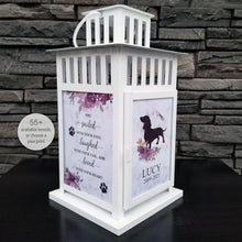 Load image into Gallery viewer, pet memorial lantern - pet sympathy gift - kimmer & co.  white carriage lantern with a pretty watercolour floral design.  personalized with dog graphic and heartfelt poem.