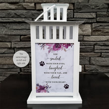 Load image into Gallery viewer, pet memorial lantern - pet sympathy gift - kimmer & co.  white carriage lantern with a pretty watercolour floral design.  personalized with dog graphic and heartfelt poem.