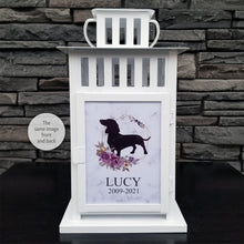 Load image into Gallery viewer, pet memorial lantern - pet sympathy gift - kimmer & co.  white carriage lantern with a pretty watercolour floral design.  personalized with dog graphic and heartfelt poem.