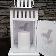 Load image into Gallery viewer, pet memorial lantern - pet sympathy gift - kimmer & co.  white carriage lantern with a pretty watercolour floral design.  personalized with dog graphic and heartfelt poem.