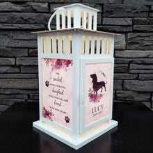Load image into Gallery viewer, pet memorial lantern - pet sympathy gift - kimmer & co.  white carriage lantern with a pretty watercolour floral design.  personalized with dog graphic and heartfelt poem.