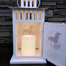 Load image into Gallery viewer, pet memorial lantern - pet sympathy gift - kimmer & co.  white carriage lantern with a pretty watercolour floral design.  personalized with dog graphic and heartfelt poem.