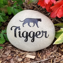 Load image into Gallery viewer, pet memorial stone.  Personalized with a cat image and name.  Natural river rock garden memorial or pet gravestone
