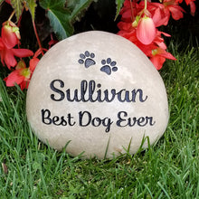 Load image into Gallery viewer, Personalized pet memorial stone for a dog.  Engraved with paw prints, name and best dog ever sentiment