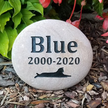 Load image into Gallery viewer, Pet memorial stone for cats, pet sympathy gift.  Custom cat memorial stone engraved with the name of the pet, dates and cat image
