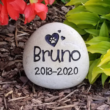 Load image into Gallery viewer, Pet memorial stone for cats, pet sympathy gift.  Personalized cat memorial stone engraved with the name of the pet, dates, paw print and hearts