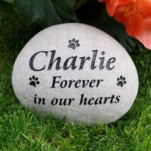Load image into Gallery viewer, Pet memorial stone for cats, pet sympathy gift.  Personalized cat memorial stone engraved with forever in our hearts inscription, the cat&#39;s name and paw prints
