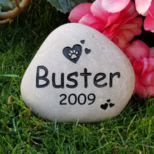 Load image into Gallery viewer, Custom river rock pet memorial stone with engraved name, dates, paw print and hearts
