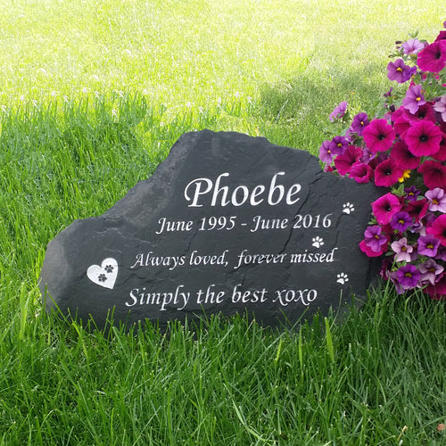 Cat memorial stone made from natural flagstone.  Personalized with your pets name, important dates and loving sentiment.  Engraved.