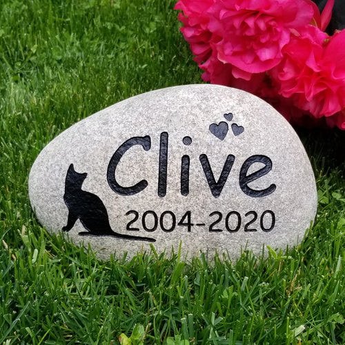 Pet memorial stone for cats, pet sympathy gift.  Personalized pet memorial stone engraved with the name of the pet, dates and cat image