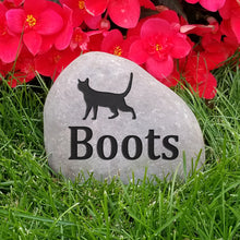 Load image into Gallery viewer, pet memorial stone for a cat.  Personalized with a cat image and name.  Natural river rock garden memorial or pet gravestone
