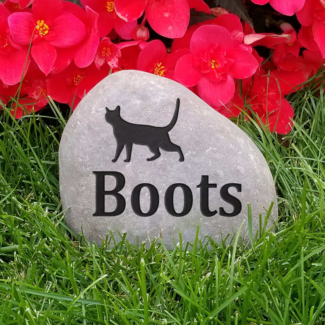 pet memorial stone for a cat.  Personalized with a cat image and name.  Natural river rock garden memorial or pet gravestone