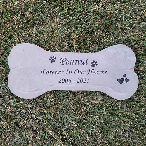 Engraved concrete dog bone pet memorial stone, engraved with pets name and loving sentiment