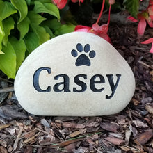 Load image into Gallery viewer, pet memorial stone customized with the cats name and a paw print
