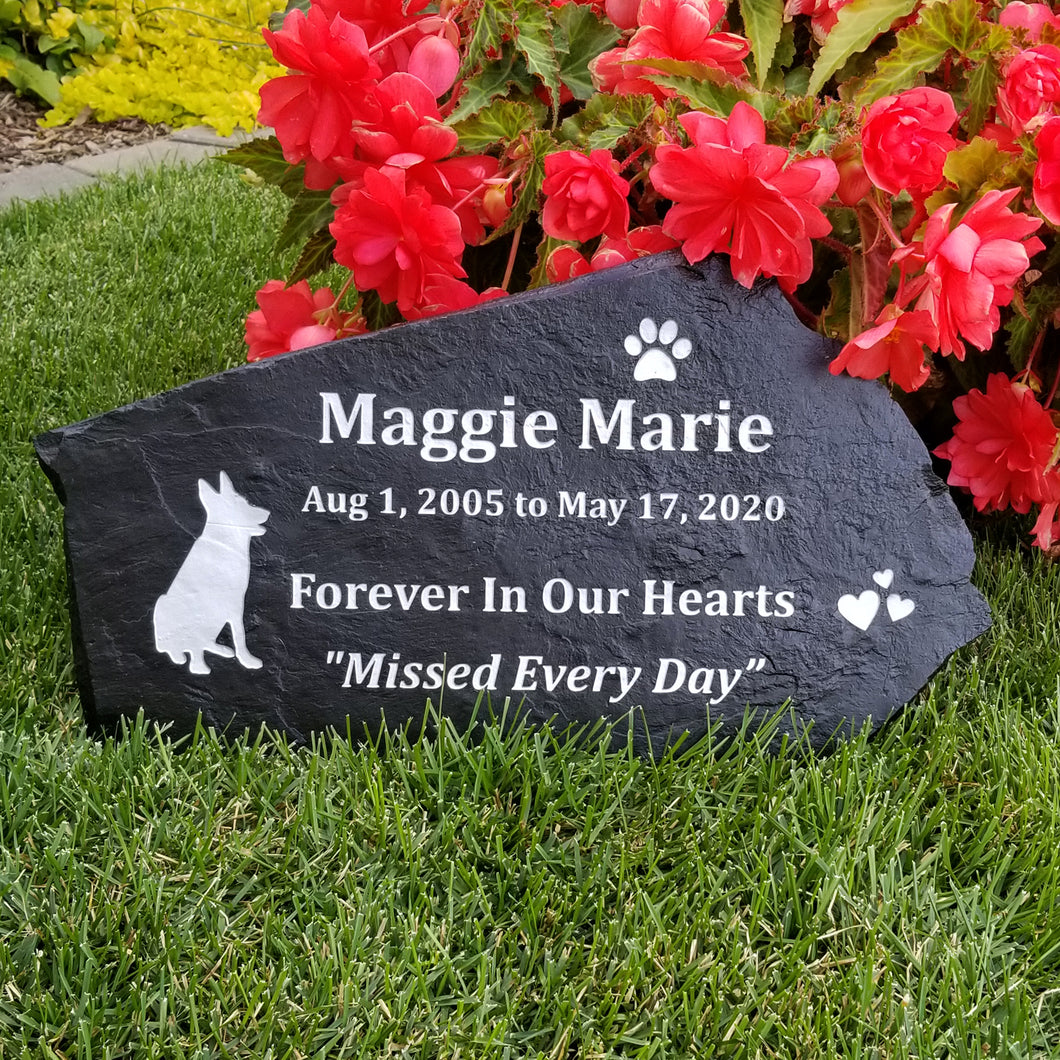 Flagstone dog memorial stone.  Personalized (engraved) with your pets name, important dates and loving sentiment.