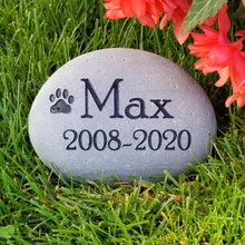 Load image into Gallery viewer, Custom river rock pet memorial stone for pet sympathy gift.  With name, dates and paw print
