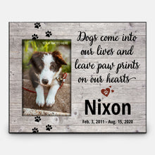 Load image into Gallery viewer, Personalized Pet Memorial Photo Frame – Faux Wood Grain – Dogs Come Into Our Lives
