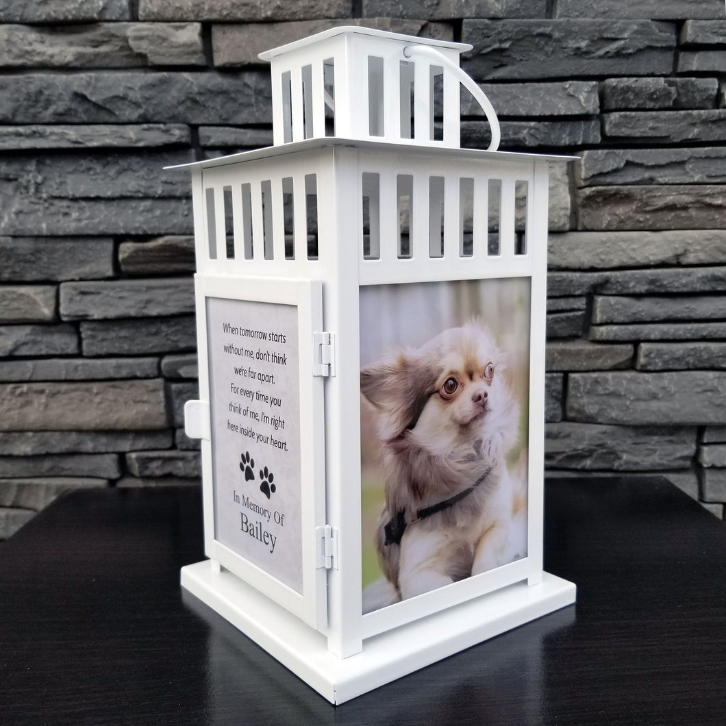 photo pet memorial lantern - pet sympathy gift - kimmer & co.  personalized white carriage lantern with photos of your pet and heartfelt poem.