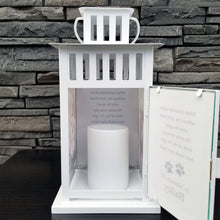 Load image into Gallery viewer, photo pet memorial lantern - pet sympathy gift - kimmer &amp; co.  personalized white carriage lantern with photos of your pet and heartfelt poem.
