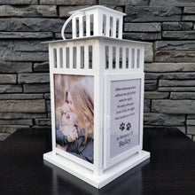Load image into Gallery viewer, photo pet memorial lantern - pet sympathy gift - kimmer &amp; co.  personalized white carriage lantern with photos of your pet and heartfelt poem.

