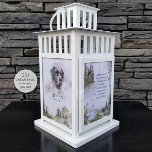 pet memorial lantern - pet sympathy gift - kimmer & co.  white carriage lantern with a beautiful watercolour mountain scene.  personalized with dog graphic and heartfelt poem