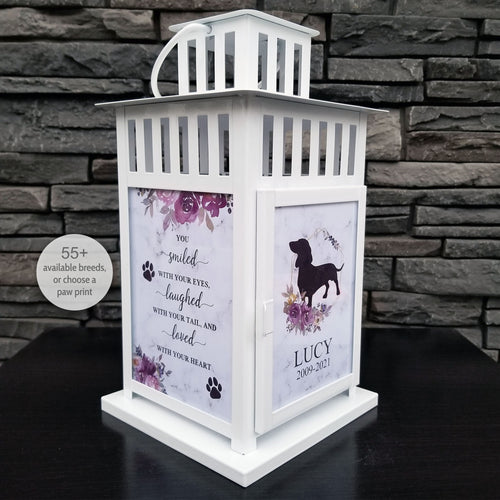 pet memorial lantern - pet sympathy gift - kimmer & co.  white carriage lantern with a pretty watercolour floral design.  personalized with dog graphic and heartfelt poem.