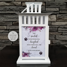 Load image into Gallery viewer, pet memorial lantern - pet sympathy gift - kimmer &amp; co.  white carriage lantern with a pretty watercolour floral design.  personalized with dog graphic and heartfelt poem.
