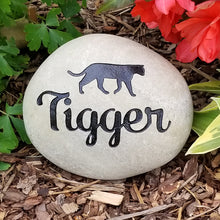 Load image into Gallery viewer, pet memorial stone.  Personalized with a cat image and name.  Natural river rock garden memorial or pet gravestone
