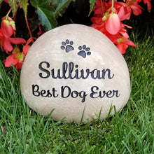 Load image into Gallery viewer, Personalized pet memorial stone for a dog.  Engraved with paw prints, name and best dog ever sentiment
