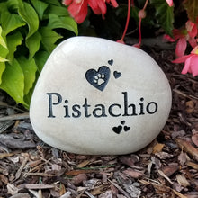 Load image into Gallery viewer, pet memorial stone customized with the cats name, a paw print and hearts
